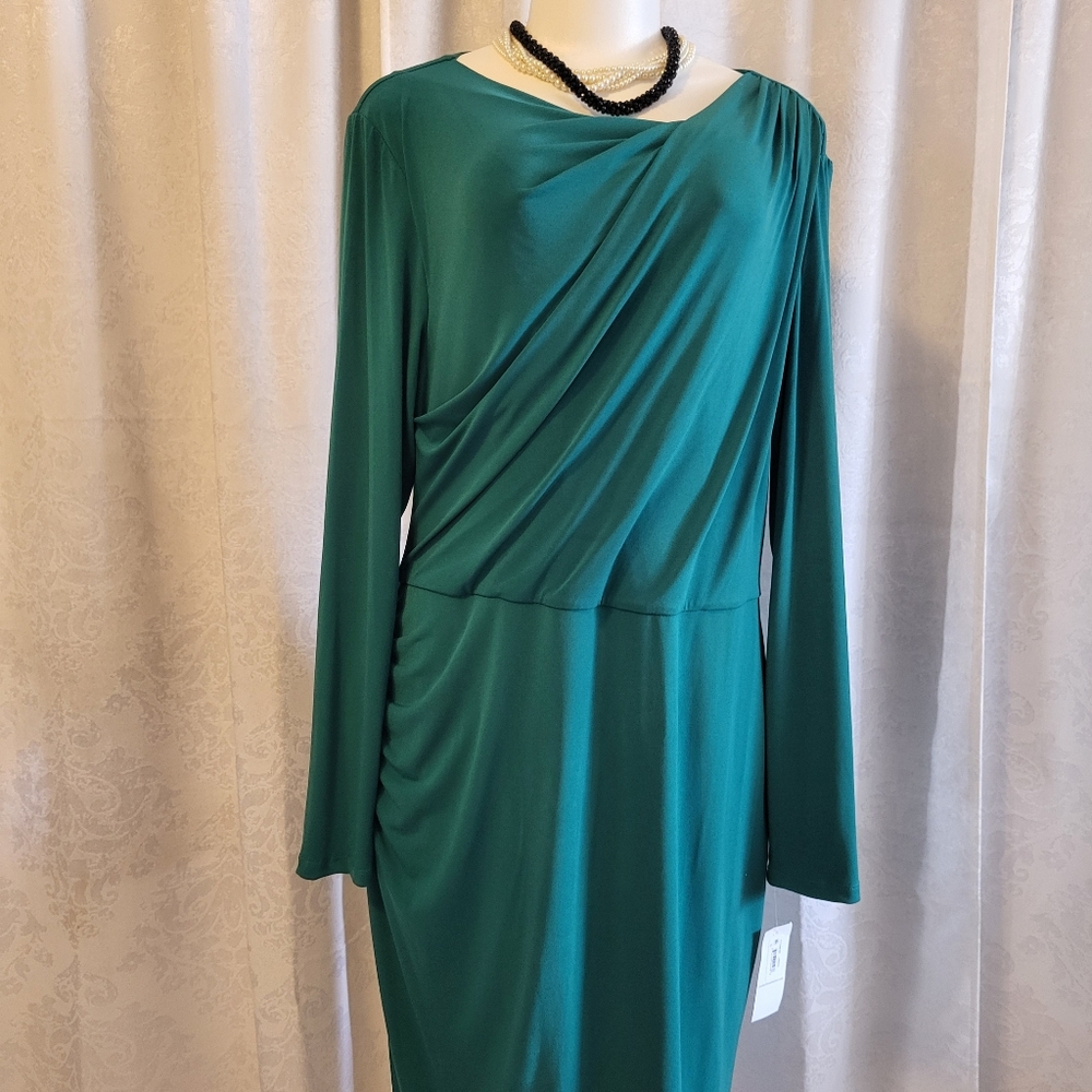 London Times Womens Draped Neckline, Midi Jersey Sheath Dress, Size 18, Green